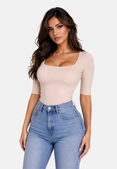 Caro Neck Short Sleeve Top – Nude