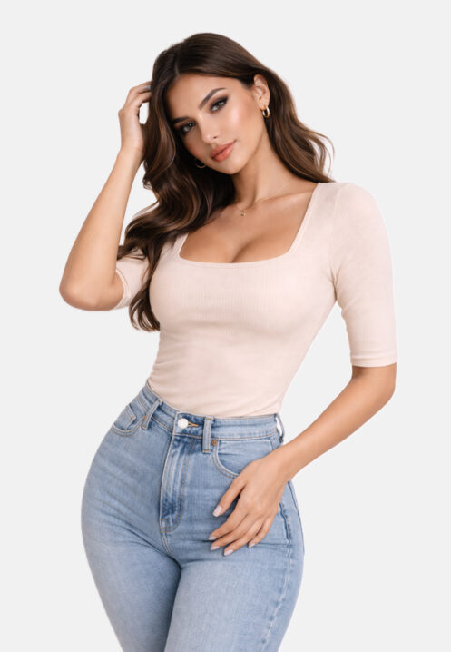 Caro Neck Short Sleeve Top – Nude